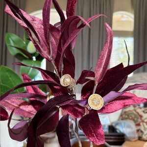 Elegant set of 2 34”Burgundy Faux Velvet Eucalyptus stems with Gold Accents